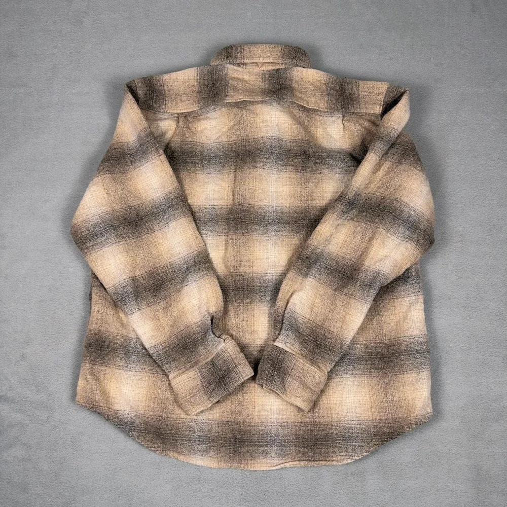 Woolrich Mens Large Ombre Plaid Flannel Shirt Tan Brown Button Down Heavyweight